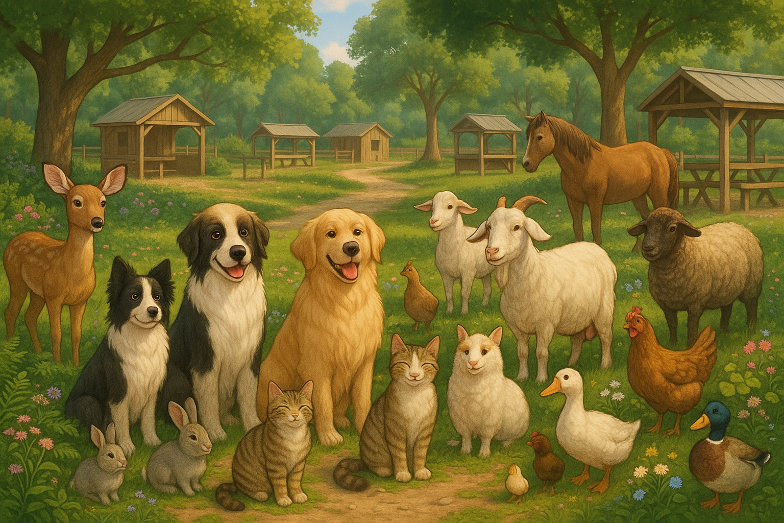 Make sure a sanctuary is visible but include a big variety of animals including cats and dogs.